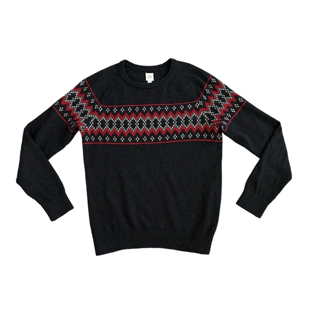 Gap Men's Sweater Fair Isle Knit Crew Black Red Medium Merino Wool Nordic